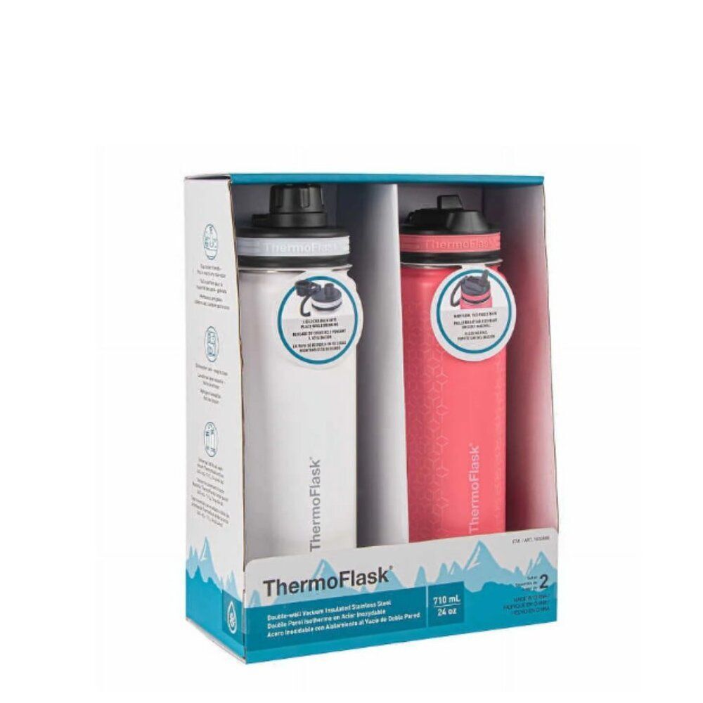 ThermoFlask 24oz Stainless Steel Insulated Water Bottles, 2-pack White and Coral